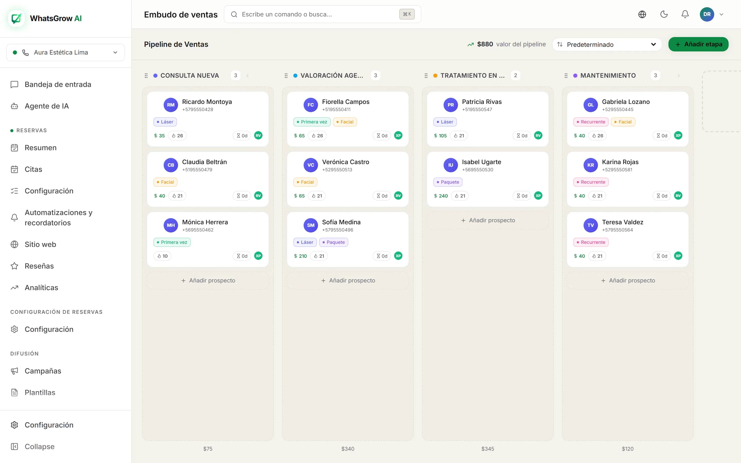Tablero de clientas de un centro estético en WhatsGrow AI, con columnas Consulta nueva, Valoración agendada, Tratamiento en curso y Mantenimiento