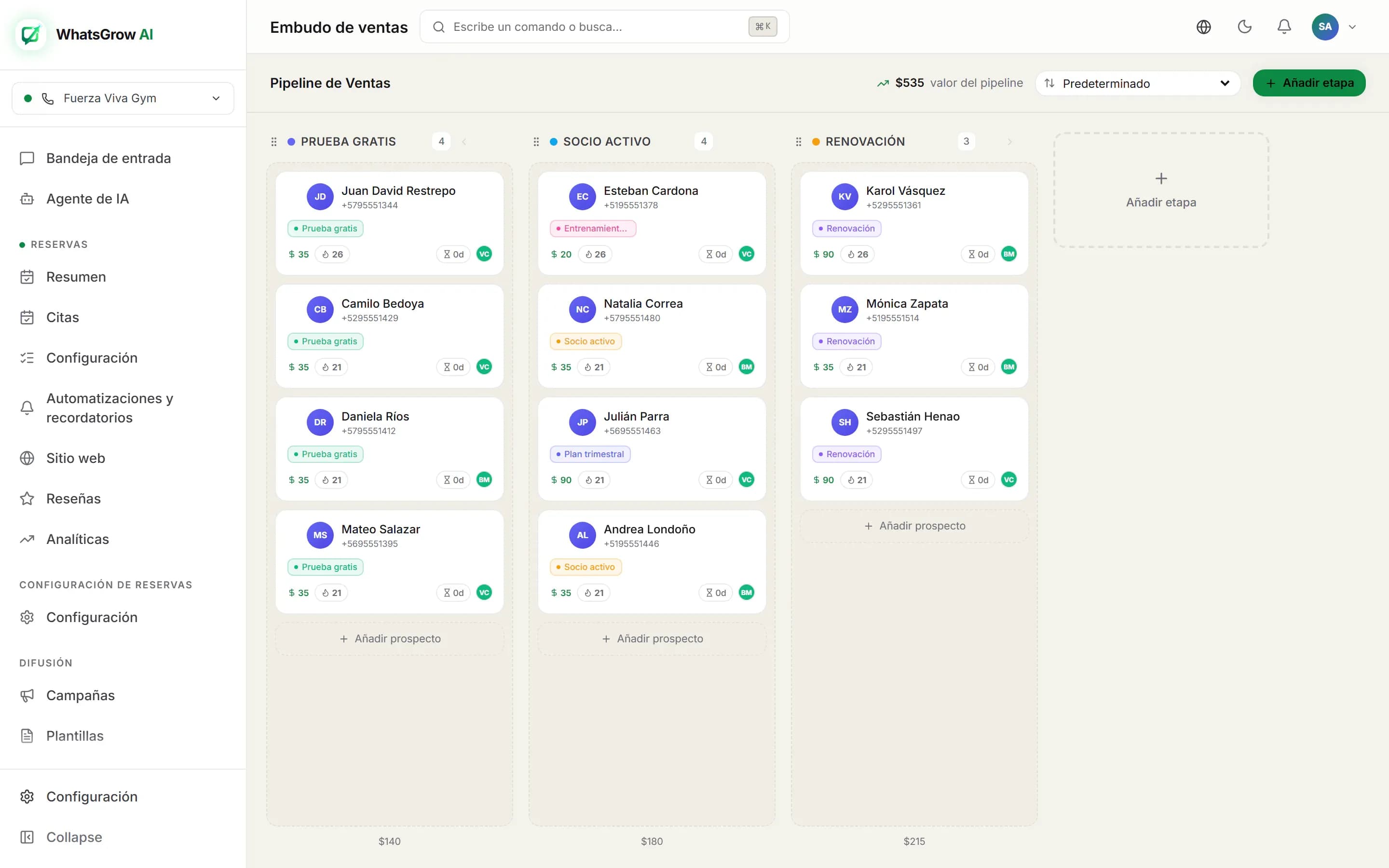 Tablero de socios de un gimnasio en WhatsGrow AI, con columnas Prueba gratis, Socio activo y Renovación