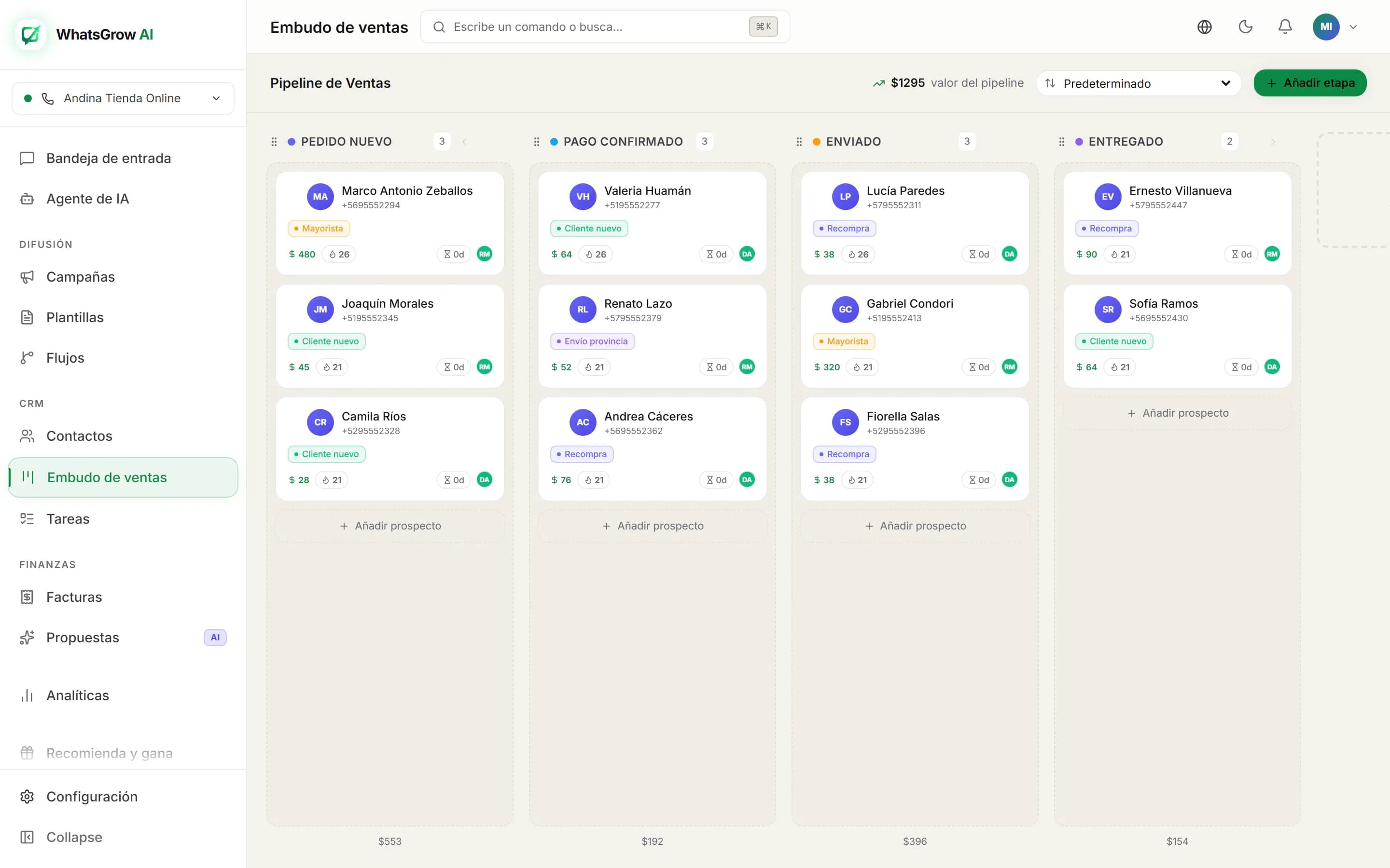Tablero de pedidos de una tienda online en WhatsGrow AI, con columnas Pedido nuevo, Pago confirmado, Enviado y Entregado