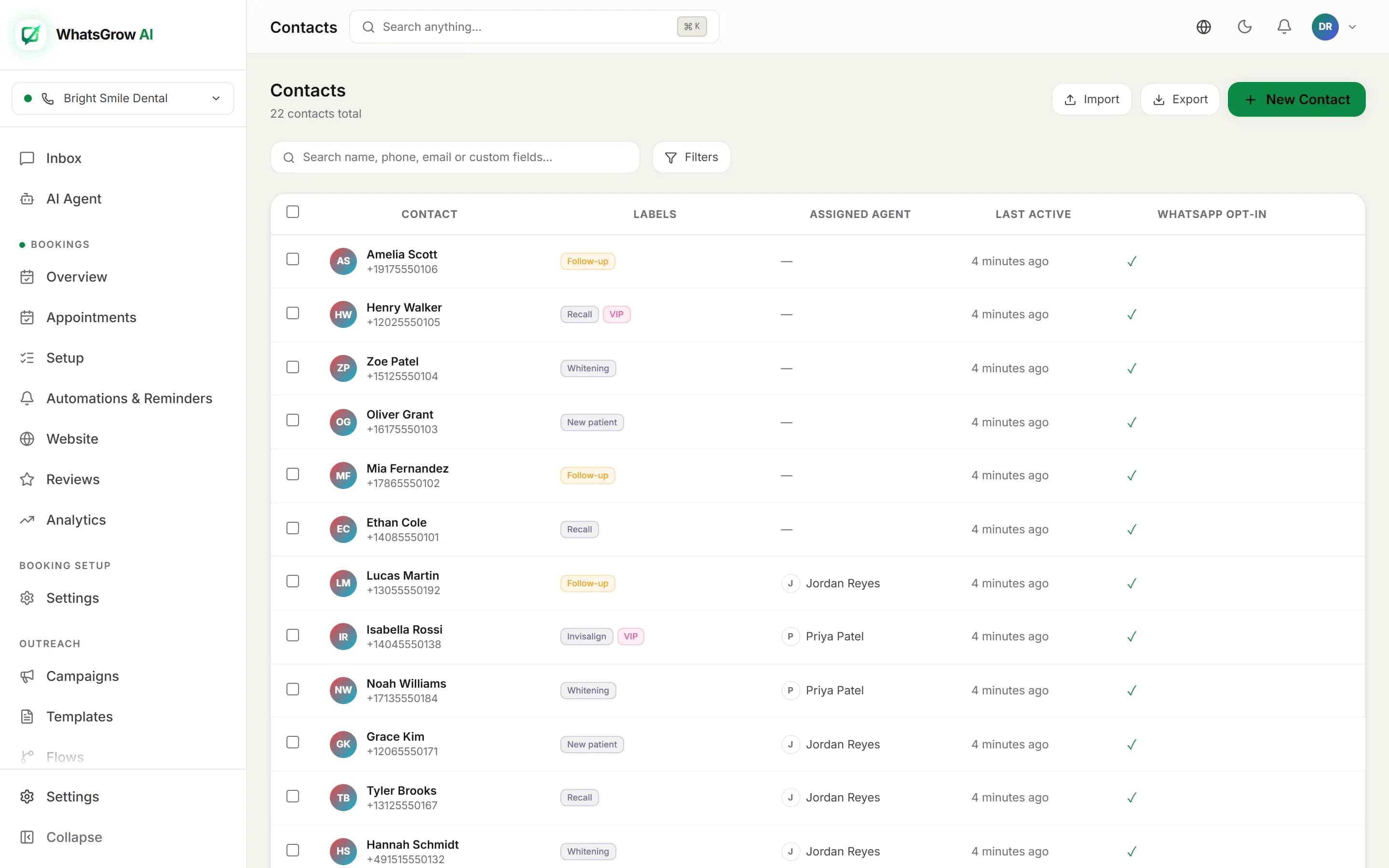 WhatsGrow AI contacts list with labels and filters used to build campaign audiences