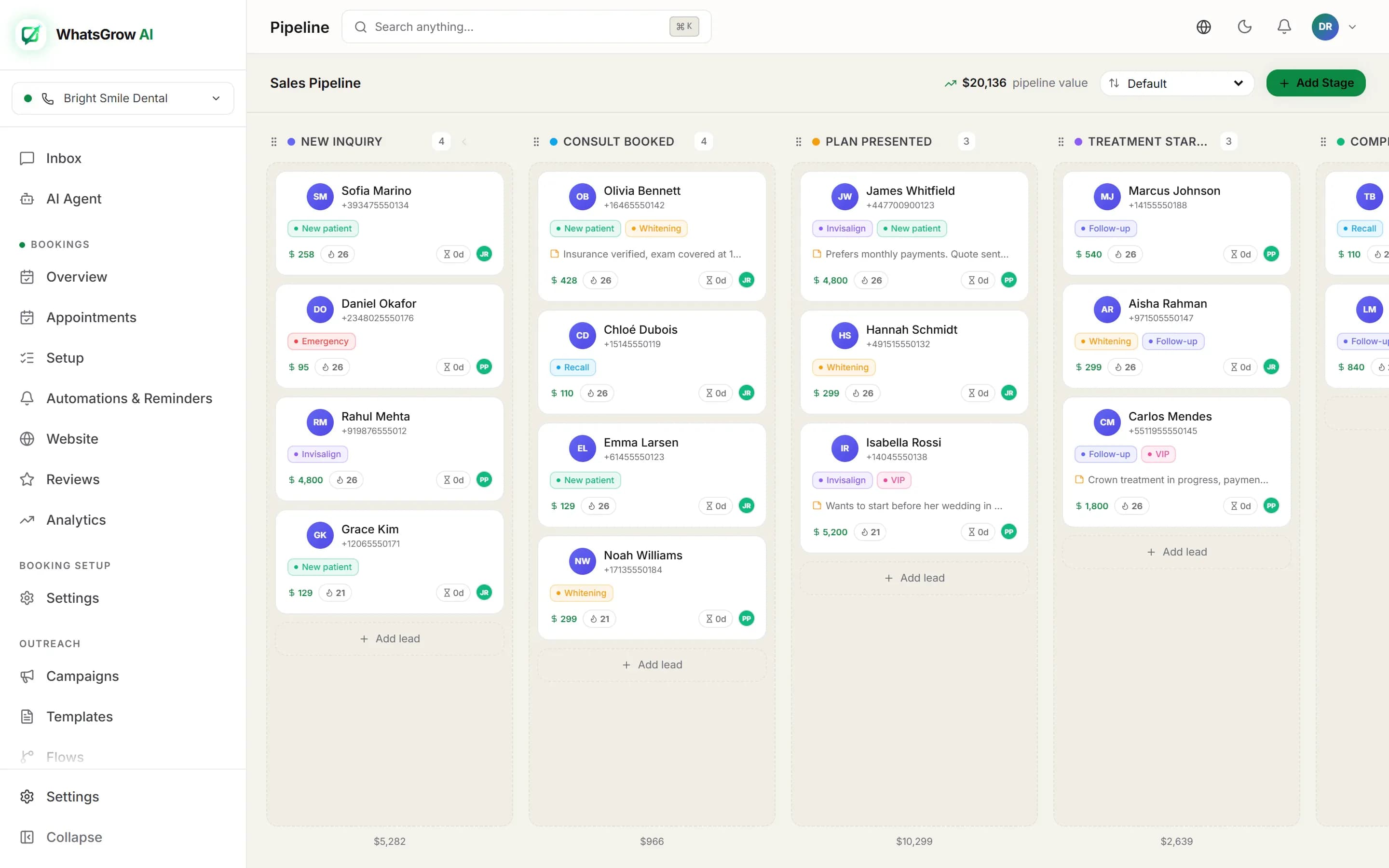 WhatsGrow AI sales pipeline: Kanban board with lead cards moving through stages