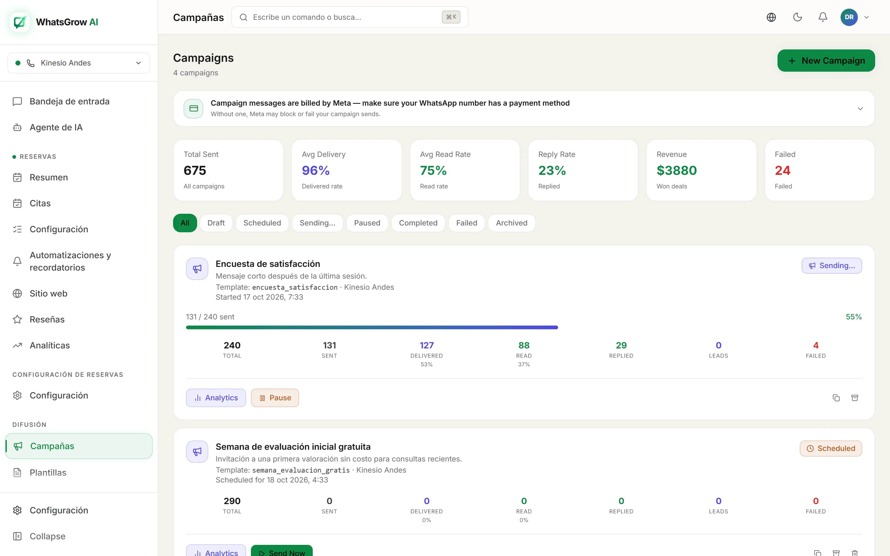 Página de campañas de WhatsGrow AI con las tasas de entrega, lectura y respuesta de cada difusión