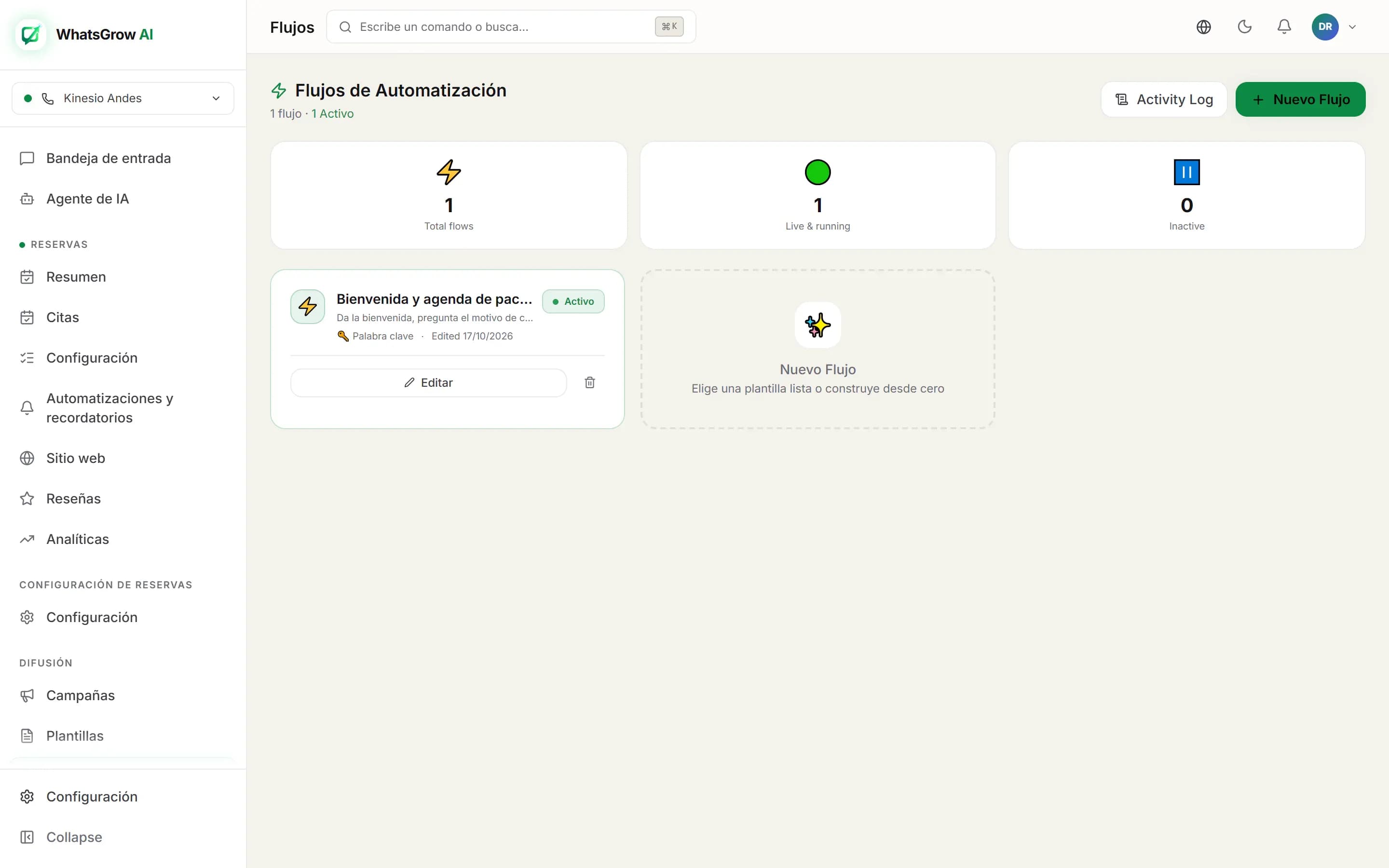 Página de automatizaciones de WhatsGrow AI con flujos activos y borradores, como bienvenida a nuevos contactos y reserva de demo