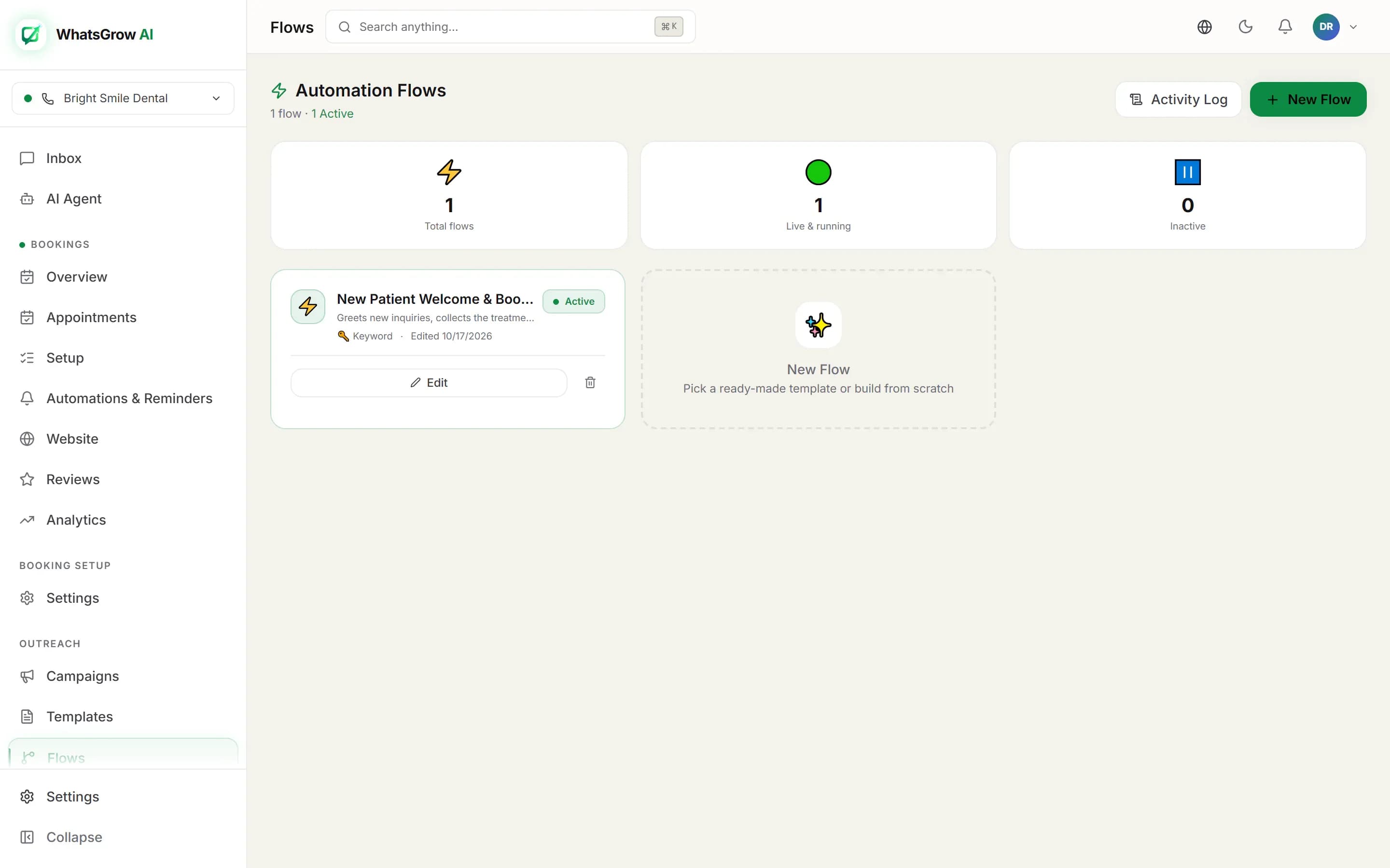 WhatsGrow AI automation flows list showing active and draft flows