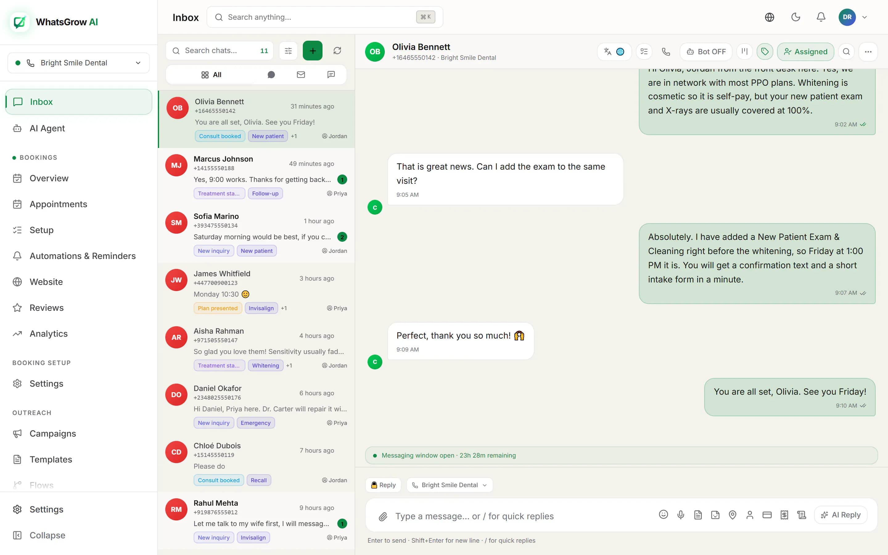 WhatsGrow AI shared inbox: conversation list on the left, an open customer chat with reply box on the right